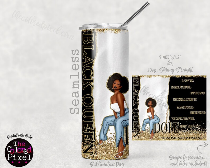 Op de afbeelding: Een witte slanke tumbler met een gouden glitterontwerp en de tekst "Black Queen" in zwarte letters. De tumbler heeft een zwart-witte illustratie van een vrouw met een gouden kroon en de tekst "Dope Phenomenal Woman" in gouden letters.