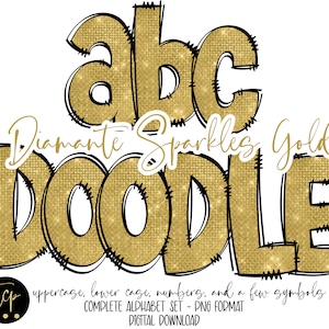 Paquete de alfabeto PNG de letras de garabato, paquete alfa dibujado a mano, alfabeto de sublimación digital PNG, DTF imprimible, alfaset Diamante Gold Doodle