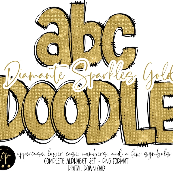 Doodle Letters PNG Alphabet Bundle, Hand Drawn Alpha Pack, Digital Sublimation Alphabet PNG, DTF Printable, Diamante Gold Doodle alphaset