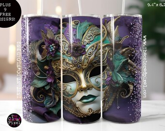 Mardi Gras Tumbler Sublimation Design: New Orleans Mask, Glitter PNG (Digital Download)