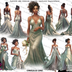 Imágenes prediseñadas de boda de color salvia, imágenes prediseñadas de moda de ropa nupcial, mujeres de color, imágenes prediseñadas de dama de honor, imágenes prediseñadas de novia hispana, imágenes prediseñadas de novia negra