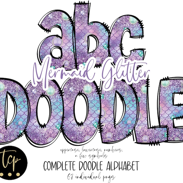 Doodle Letters PNG Alphabet Bundle, Hand Drawn Alpha Pack, Digital Download Sublimation Alphabet PNG, DTF Printable, Mermaid 1a