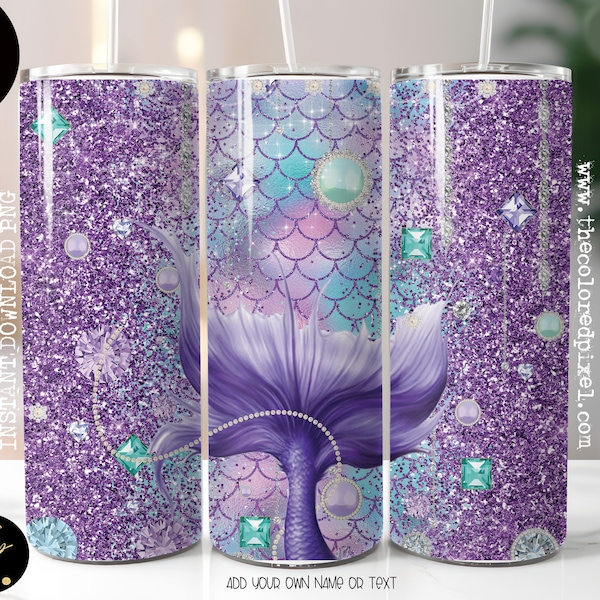 Mermaid Tumbler Sublimation Wrap 20oz, PNG, Digital Download Only, Glitter Mermaid, Mermaid tumbler wrap Purple and teal