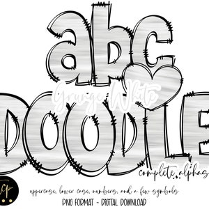 Pacote de alfabeto PNG de letras de doodle branco, alfabeto desenhado à mão, alfabeto de sublimação digital PNG, DTF imprimível, rabiscos de contorno preto branco