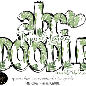 Watercolor Tropical Leaves Alphabet Hand Drawn Doodle Alphaset, Digital Sublimation, DTF Printable, hand drawn doodle tropical leaf alphabet