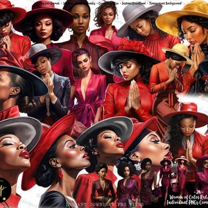 Clipart femmes, femmes en prière, clipart mode rouge et bordeaux, clipart femmes de couleur, clipart utilisation commerciale, mode bordeaux et rouge png thumbnail