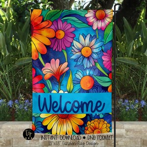 Hippie Flowers Welcome Garden Flag Digital Design | Instant Download | Yard Flag PNG | Design for Sublimation | Patio Decor | PNG Format