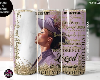 May include: A purple and gold tumbler with a black and white illustration of a woman wearing a hat. The tumbler has gold glitter and the words "Foolishly and Wonderfully Made" on the left side, and "Servant, Sanctified, Fruitful, Upright, Chosen of Heaven, Beloved, Set Apart, Redeemed, Beautiful Heir, Royal Priesthood, New Creation, Vessel of Mercy, Wonderful, Loved, Daughter, Victorious, His Workmanship, He calls me friend, Highly Favored" on the right side.