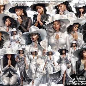 Prier Sisters clipart, clipart chapeau d'église, femmes noires en blanc clipart, clipart femmes de couleur, planificateur d'autocollants mariées, téléchargement immédiat