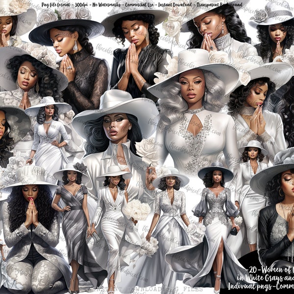 Praying Sisters clipart, Church Hat clip art, Black Women in White clipart, Women of Color clipart, sticker planner, Church vibes v100423