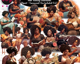 Black Woman Book Lover Clipart Bundle: Reading Illustrations (PNG Digital Download)
