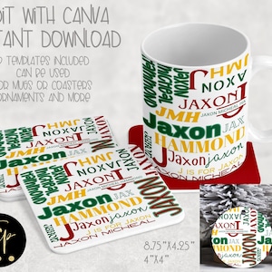 May include: Two templates for creating personalized mugs, coasters, or ornaments. The templates feature a white background with the name "Jaxon" repeated in various colors and fonts, including green, yellow, red, and black. The text "Jaxon Micheal Hammond" is also included. The templates are available for instant download.