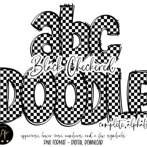 Kariertes Alphabet Hand gezeichnet Doodle Alpha Pack, Digitale Sublimation, DTF Printable, Racing Rennwagen Doodle Alphabet Set Pngs Schwarz und Weiß
