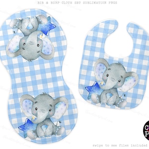 Blue Elephant Bib and Burp cloth Sublimation set pngs, Boy's Baby Shower Gift, Blue elephant pngs bib burpcloth, Instant Download PNGS image 1