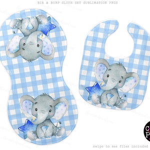 Blue Elephant Bib and Burp cloth Sublimation set pngs, Boy's Baby Shower Gift, Blue elephant pngs bib burpcloth, Instant Download PNGS image 1