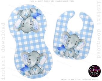 Elefante azul babero y tela para eructar juego de sublimación pngs, regalo de baby shower para niño, elefante azul pngs bib burpcloth, descarga instantánea PNGS