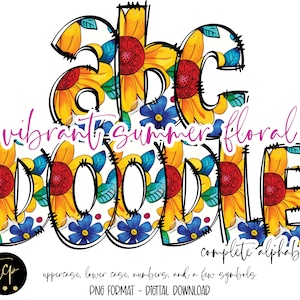 Bright Summer floral Alphabet Hand Drawn Doodle Alpha Pack, Digital Sublimation, DTF Printable, hand drawn doodle alphabet, floral letters