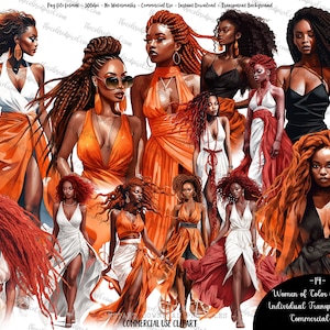 Black Woman Clipart: Orange Fashion PNG Images (Digital Download)