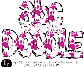 Pink Paw Print Doodle Letters PNG Alphabet Bundle, Hand Drawn Alpha Pack, Digital Download Sublimation Alphabet PNG, DTF Printable, Pink Paw