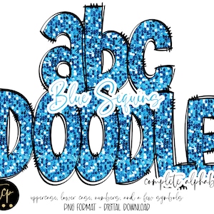 Alfabeto de lentejuelas azules dibujado a mano Doodle Alpha Pack, sublimación digital, DTF imprimible, alfabeto de garabatos dibujado a mano, lentejuelas de brillo azul