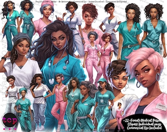 May include: A digital clipart set of 22 female medical professionals. The illustrations feature diverse women of color in various poses wearing scrubs in pink, blue, and white. The image includes the text "22-Female Medical Person Clipart Individual pngs Commercial Use Included".