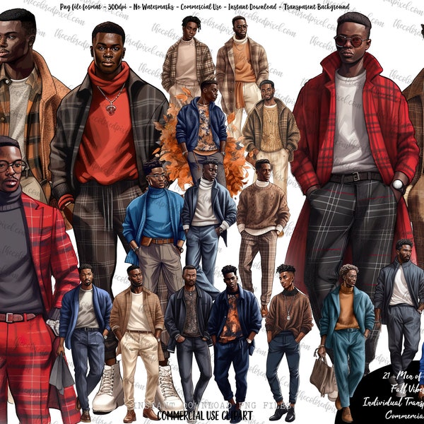 Black Men clipart, Fall Vibes clipart fashion, Men of Color clipart, Planner Stickers, Black man clipart fall colors, instant download V1