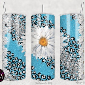 Daisy Cheetah 20oz Skinny Tumbler PNG, envoltura de vaso Glitter Daisy, 20oz Straight Tumbler Wrap PNG, Descarga instantánea azul blanco plata
