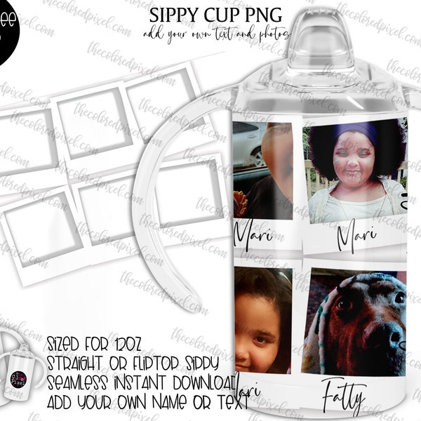 Photo template for 12oz Kids Sippy Cup Tumbler Wrap, 12oz Straight or Fliptop Tumbler Sublimation PNG, Add your own photos and text png