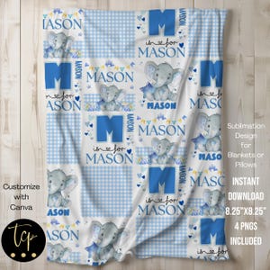 Blauwe olifant babydeken pngs, pngs, sublimatieontwerp voor babydeken of kussens, instant digitale sjabloon 8,25 x 8,25 inch bewerken met canvas