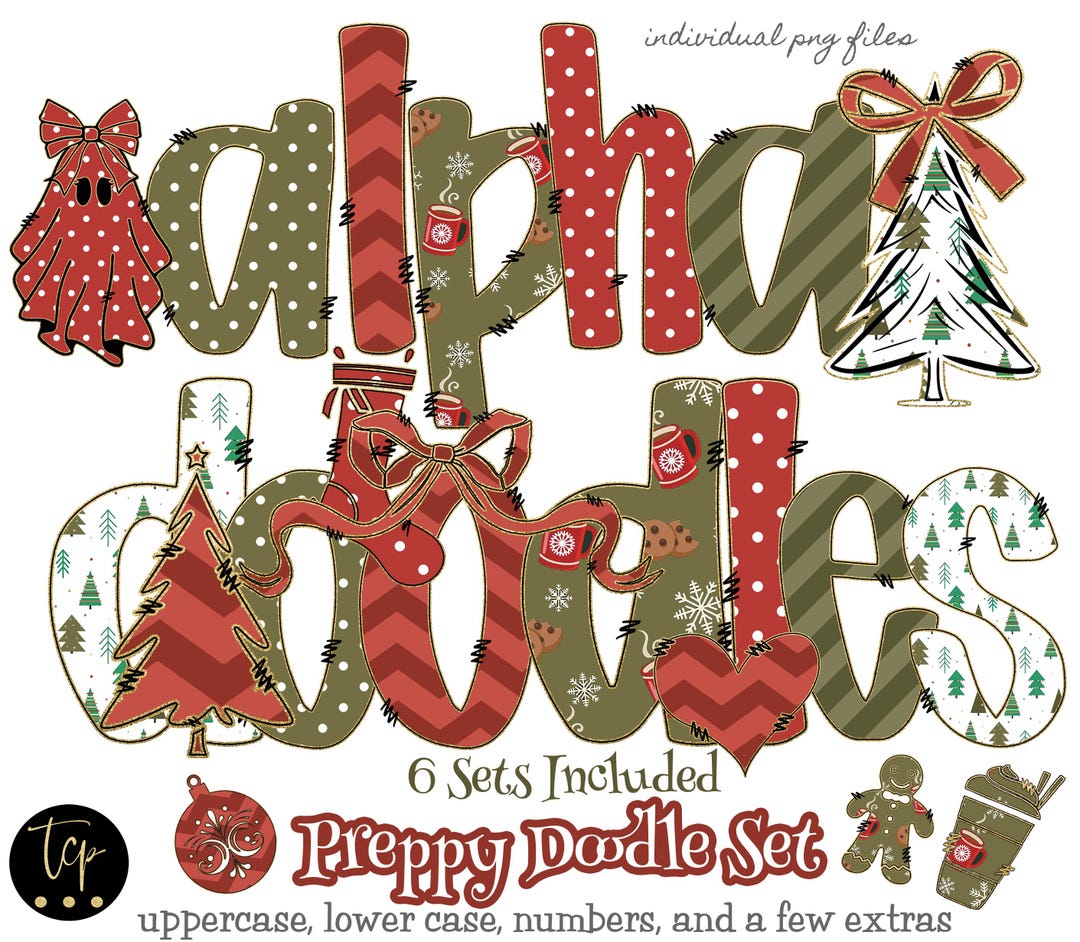 Christmas Alphabet PNG Set and Clipart, Preppy Doodle Letters (digital ...