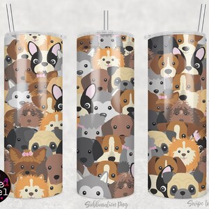 May include: Seamless pattern featuring a variety of dog breeds in different colours and patterns. The pattern is repeated on a white background. The pattern is suitable for sublimation printing on tumblers, mugs, and other items.