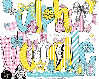 Doodle Alphabet PNG Bundle: Preppy Letters, Checkered & Striped (Digital Download) with Clipart