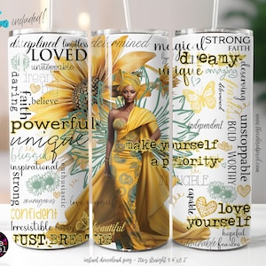 Goud positieve affirmaties 20 oz skinny beker zwarte vrouw sublimatieontwerp, digitale boho inspirerende vlinder hou van jezelf 927-goud