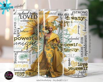 Gold Positive Affirmations 20 oz Skinny Tumbler Black woman Sublimation Design, Digital Boho Inspirational Butterfly Love yourself 927-Gold