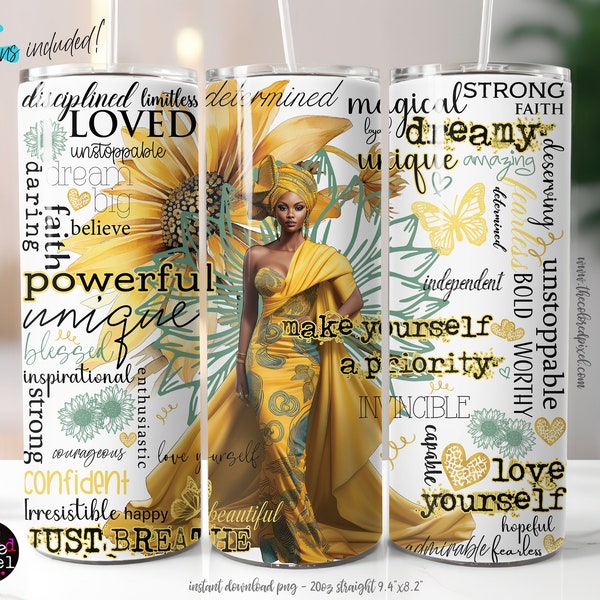 Gold Positive Affirmations 20 oz Skinny Tumbler Black woman Sublimation Design, Digital Boho Inspirational Butterfly Love yourself 927-Gold