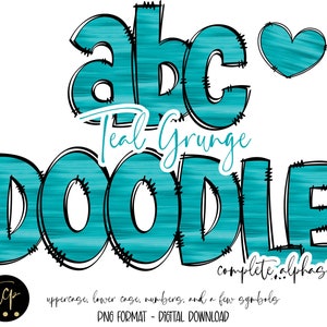 Teal Doodle Letters PNG Pacote de alfabeto, alfabeto desenhado à mão, alfabeto de sublimação digital PNG, DTF imprimível, alfabeto grunge teal