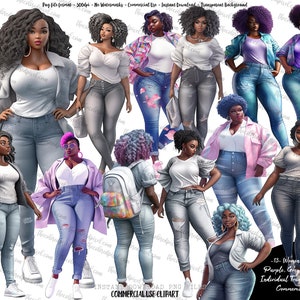 Curvy Black Women Clipart: Denim Summer PNG (Digital Download)