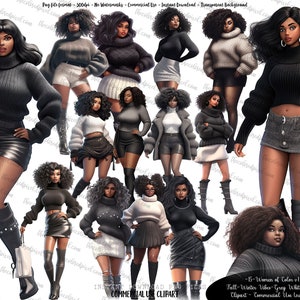 May include: Digital illustration clipart set of 15 women of colour wearing sweaters and skirts in various shades of grey, white, and black. The women have different hairstyles and poses. The text "15-Women of Color v1 Fall-Winter Uber-Grey White Black Clipart - Commercial Use Included" is at the bottom of the image.
