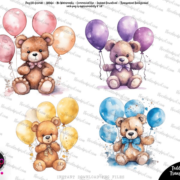 Watercolor Teddy Bear purple blue yellow pink floral, Instant Download Commercial Use, watercolor bear Clipart, Sublimation teddy bear pngs