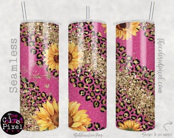 Sunflower and Cheetah 20 oz Skinny Tumbler PNG, Glitter Sunflowers tumbler wrap, 20oz Straight Tumbler Wrap PNG, Instant Download Pink