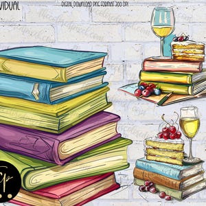 Clipart livre, livres avec des verres à vin, usage Commercial, téléchargement immédiat, 3 PNG