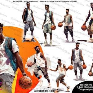 Clipart de basket-ball, sublimation png, clipart hommes noirs basket-ball, hommes jouant au basket-ball illustration png, clipart à usage commercial