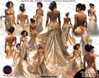 Gold Wedding clip art, Bridal wear fashion clipart, Women of Color, Brunette Wedding clipart, Hispanic Bridal clipart, Black Bridal clip art