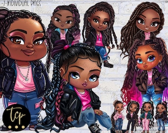 Black Girl Chibi Clipart: Braided Teen Dolls (PNG, Commercial Use)