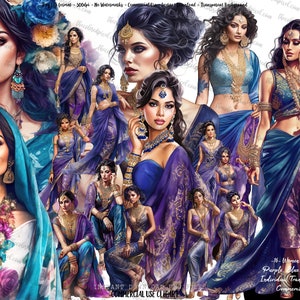 Femmes indiennes clipart, téléchargement par sublimation, clipart Dupatta femme indienne, clipart planificateur autocollant, violet sarcelle rose or, clipart mariage