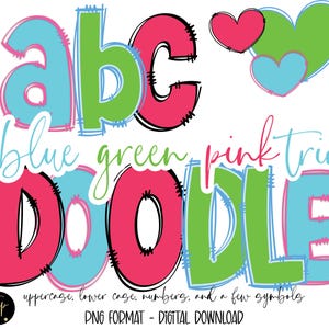 Doodle Alphabet PNG Bundle: Green, Blue, Pink Hand Drawn Letters (Digital Download