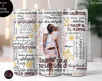 Envoltura para vaso con afirmaciones en español: Diseño de sublimación rosa (PNG)