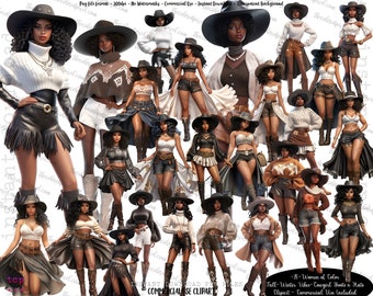 Svart kvinna cowgirl clipart: Höst-vintermode (digital nedladdning i PNG)