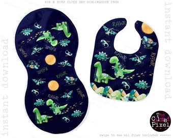 Dinosaur Bib Burp cloth Sublimation template pngs, Bib & Burp Cloth PNG Files, Boy's Baby Shower Gift, Blue and White Instant Download