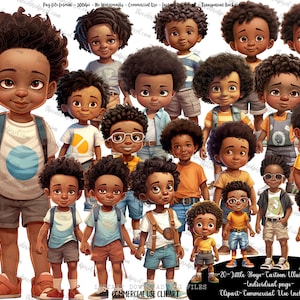 Little Black Boy Clipart, Cute Black Boy clipart, PNG Clipart Bundle, Vibraciones de verano, Dibujos animados pequeños niños negros, uso comercial, vk3-081223